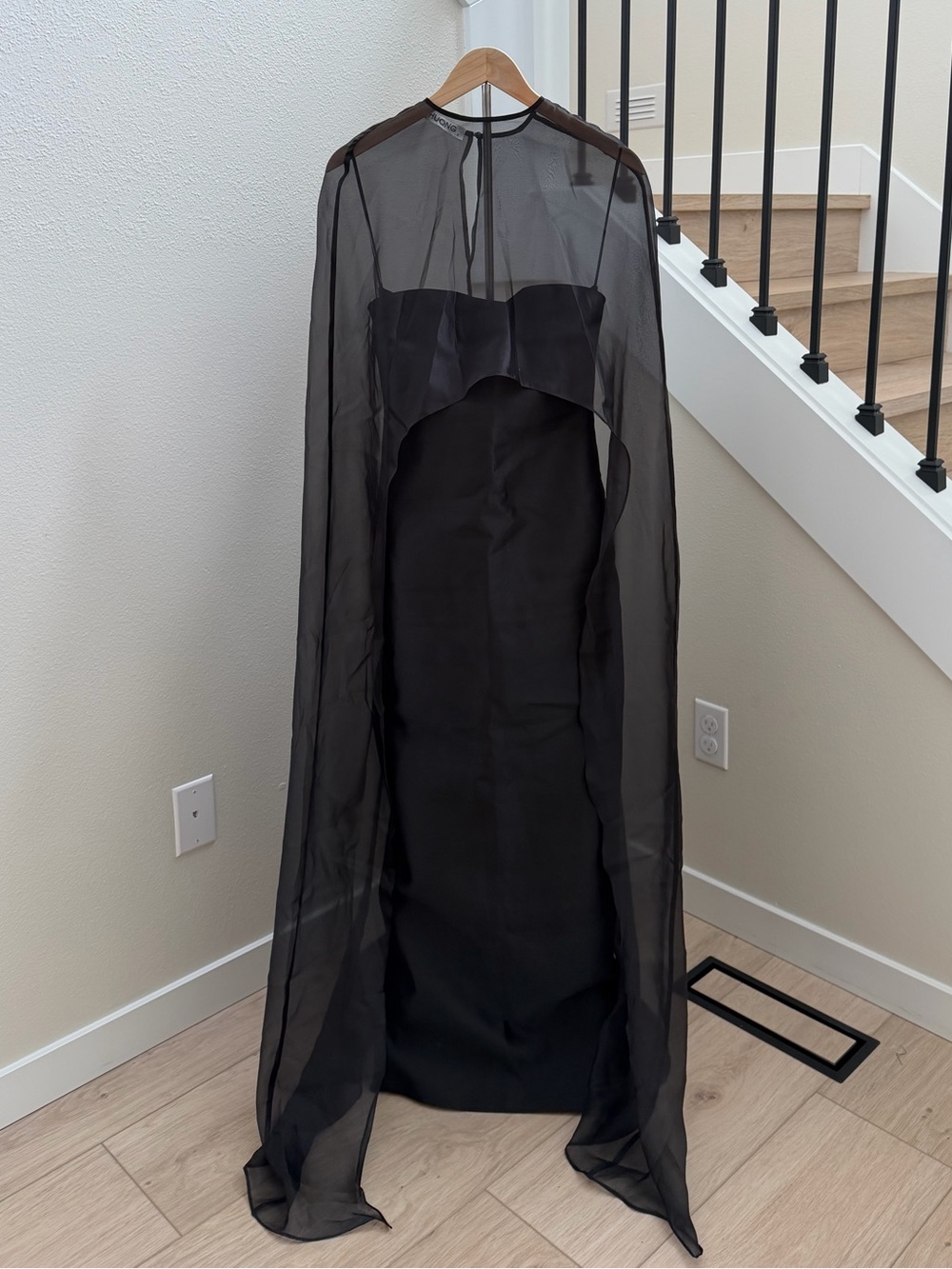 Elegant Black Maxi Dress with Sheer Cape